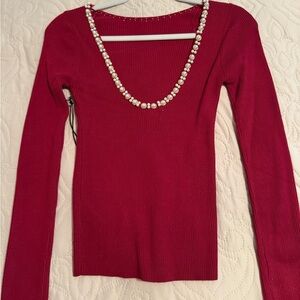 Red Embellished Fitted Long Sleeve Cardigan